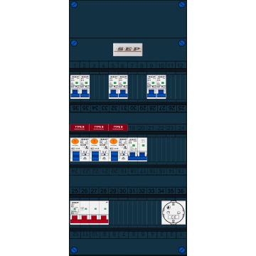 Schotman Elektro B.V. - SEP FS63A, 1xHoofdschakelaar, 3xAardlekschakelaar-Type B, 6xInstallatieautomaat, 1xFornuisgroep, 1xContactdoos, 3 Fase