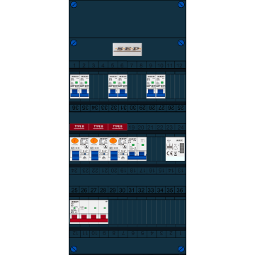 Schotman Elektro B.V. - SEP FS63A, 1xHoofdschakelaar, 3xAardlekschakelaar-Type B, 6xInstallatieautomaat, 1xFornuisgroep, 1xBeltrafo, 3 Fase