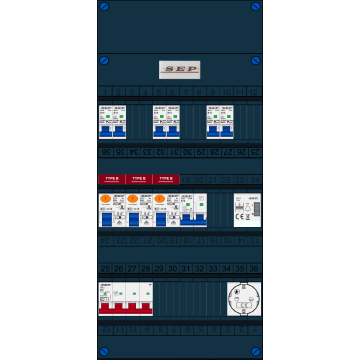 Schotman Elektro B.V. - SEP FS63A, 1xHoofdschakelaar, 3xAardlekschakelaar-Type B, 6xInstallatieautomaat, 1xFornuisgroep, 1xBeltrafo, 1xContactdoos, 3 Fase