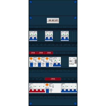 Schotman Elektro B.V. - SEP FS63A, 1xHoofdschakelaar, 4xAardlekschakelaar-Type B, 6xInstallatieautomaat, 1xFornuisgroep, 1xKrachtgroep, 1xBeltrafo, 3 Fase