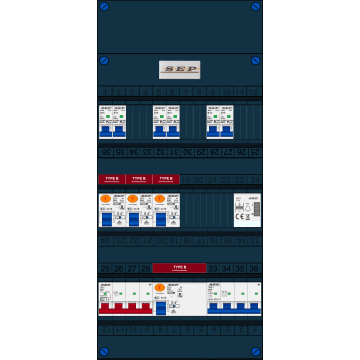 Schotman Elektro B.V. - SEP FS63A, 1xHoofdschakelaar, 4xAardlekschakelaar-Type B, 6xInstallatieautomaat, 1xKrachtgroep, 1xBeltrafo, 3 Fase