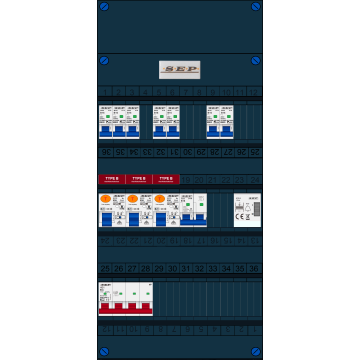 Schotman Elektro B.V. - SEP FS63A, 1xHoofdschakelaar, 3xAardlekschakelaar-Type B, 7xInstallatieautomaat, 1xFornuisgroep, 1xBeltrafo, 3 Fase