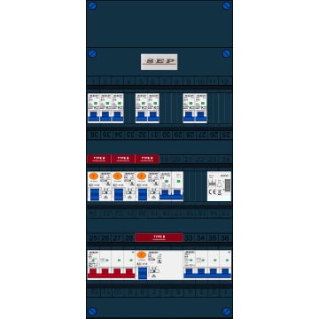 Schotman Elektro B.V. - SEP FS63A, 1xHoofdschakelaar, 4xAardlekschakelaar-Type B, 7xInstallatieautomaat, 1xFornuisgroep, 1xKrachtgroep, 1xBeltrafo, 3 Fase