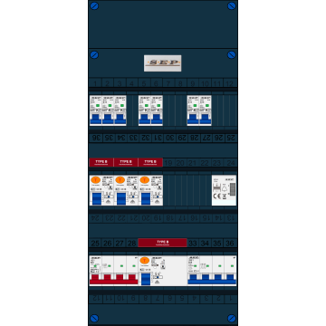 Schotman Elektro B.V. - SEP FS63A, 1xHoofdschakelaar, 4xAardlekschakelaar-Type B, 7xInstallatieautomaat, 1xKrachtgroep, 1xBeltrafo, 3 Fase