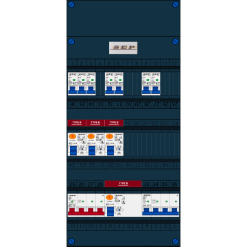 Schotman Elektro B.V. - SEP FS63A, 1xHoofdschakelaar, 4xAardlekschakelaar-Type B, 7xInstallatieautomaat, 1xKrachtgroep, 3 Fase