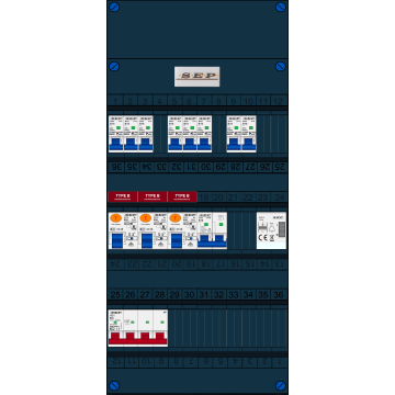Schotman Elektro B.V. - SEP FS63A, 1xHoofdschakelaar, 3xAardlekschakelaar-Type B, 8xInstallatieautomaat, 1xFornuisgroep, 1xBeltrafo, 3 Fase