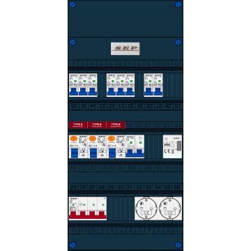 Schotman Elektro B.V. - SEP FS63A, 1xHoofdschakelaar, 3xAardlekschakelaar-Type B, 8xInstallatieautomaat, 1xFornuisgroep, 1xBeltrafo, 2xContactdoos, 3 Fase