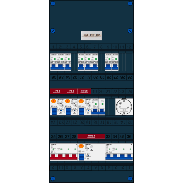 Schotman Elektro B.V. - SEP FS63A, 1xHoofdschakelaar, 4xAardlekschakelaar-Type B, 8xInstallatieautomaat, 1xFornuisgroep, 1xKrachtgroep, 1xContactdoos, 3 Fase