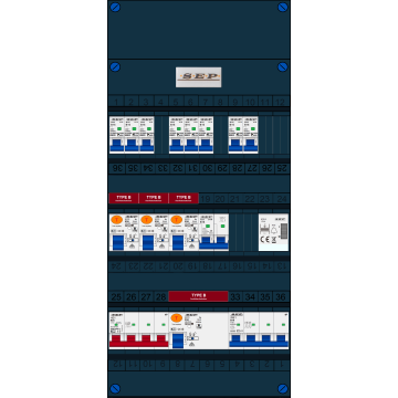Schotman Elektro B.V. - SEP FS63A, 1xHoofdschakelaar, 4xAardlekschakelaar-Type B, 8xInstallatieautomaat, 1xFornuisgroep, 1xKrachtgroep, 1xBeltrafo, 3 Fase
