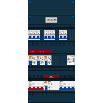 Schotman Elektro B.V. - SEP FS63A, 1xHoofdschakelaar, 4xAardlekschakelaar-Type B, 8xInstallatieautomaat, 1xKrachtgroep, 1xBeltrafo, 3 Fase