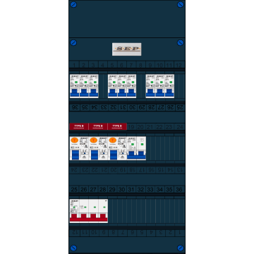 Schotman Elektro B.V. - SEP FS63A, 1xHoofdschakelaar, 3xAardlekschakelaar-Type B, 9xInstallatieautomaat, 1xFornuisgroep, 3 Fase