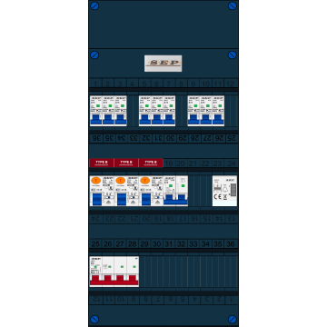 Schotman Elektro B.V. - SEP FS63A, 1xHoofdschakelaar, 3xAardlekschakelaar-Type B, 9xInstallatieautomaat, 1xFornuisgroep, 1xBeltrafo, 3 Fase