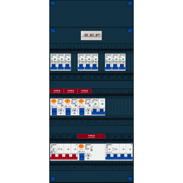 Schotman Elektro B.V. - SEP FS63A, 1xHoofdschakelaar, 4xAardlekschakelaar-Type B, 9xInstallatieautomaat, 1xFornuisgroep, 1xKrachtgroep, 3 Fase