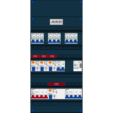 Schotman Elektro B.V. - SEP FS63A, 1xHoofdschakelaar, 4xAardlekschakelaar-Type B, 9xInstallatieautomaat, 1xFornuisgroep, 1xKrachtgroep, 1xBeltrafo, 3 Fase