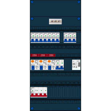 Schotman Elektro B.V. - SEP FS63A, 1xHoofdschakelaar, 3xAardlekschakelaar-Type B, 10xInstallatieautomaat, 1xFornuisgroep, 1xBeltrafo, 3 Fase