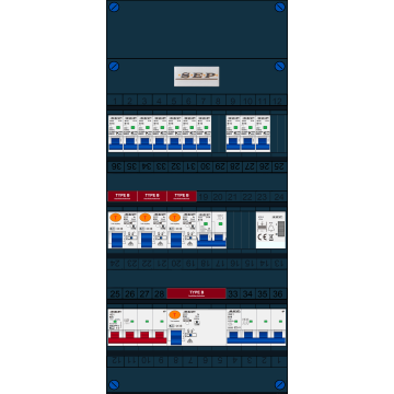 Schotman Elektro B.V. - SEP FS63A, 1xHoofdschakelaar, 4xAardlekschakelaar-Type B, 10xInstallatieautomaat, 1xFornuisgroep, 1xKrachtgroep, 1xBeltrafo, 3 Fase