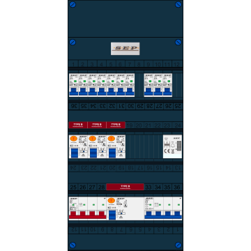 Schotman Elektro B.V. - SEP FS63A, 1xHoofdschakelaar, 4xAardlekschakelaar-Type B, 10xInstallatieautomaat, 1xKrachtgroep, 1xBeltrafo, 3 Fase