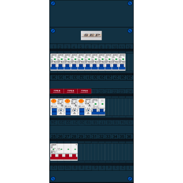 Schotman Elektro B.V. - SEP FS63A, 1xHoofdschakelaar, 3xAardlekschakelaar-Type B, 11xInstallatieautomaat, 1xFornuisgroep, 3 Fase