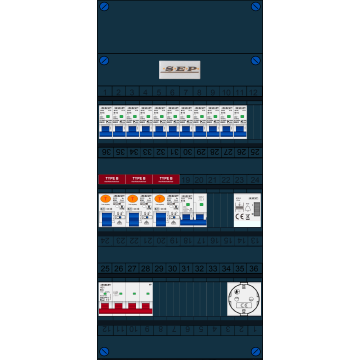 Schotman Elektro B.V. - SEP FS63A, 1xHoofdschakelaar, 3xAardlekschakelaar-Type B, 11xInstallatieautomaat, 1xFornuisgroep, 1xBeltrafo, 1xContactdoos, 3 Fase