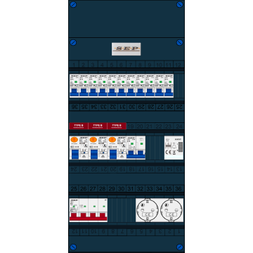 Schotman Elektro B.V. - SEP FS63A, 1xHoofdschakelaar, 3xAardlekschakelaar-Type B, 11xInstallatieautomaat, 1xFornuisgroep, 1xBeltrafo, 2xContactdoos, 3 Fase