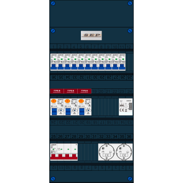 Schotman Elektro B.V. - SEP FS63A, 1xHoofdschakelaar, 3xAardlekschakelaar-Type B, 11xInstallatieautomaat, 1xBeltrafo, 2xContactdoos, 3 Fase