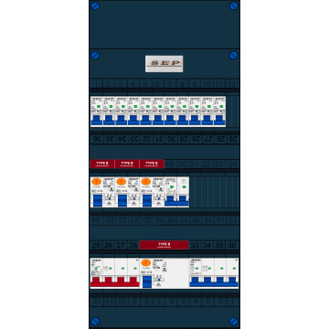 Schotman Elektro B.V. - SEP FS63A, 1xHoofdschakelaar, 4xAardlekschakelaar-Type B, 11xInstallatieautomaat, 1xFornuisgroep, 1xKrachtgroep, 3 Fase