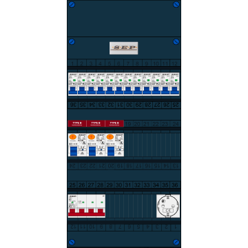 Schotman Elektro B.V. - SEP FS63A, 1xHoofdschakelaar, 3xAardlekschakelaar-Type B, 12xInstallatieautomaat, 1xContactdoos, 3 Fase