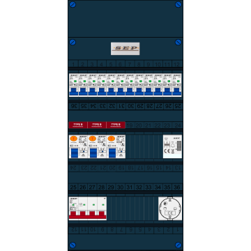 Schotman Elektro B.V. - SEP FS63A, 1xHoofdschakelaar, 3xAardlekschakelaar-Type B, 12xInstallatieautomaat, 1xBeltrafo, 1xContactdoos, 3 Fase