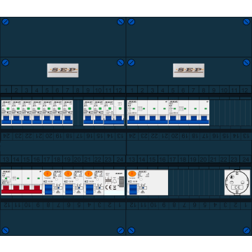 Schotman Elektro B.V. - SEP FS63A, 1xHoofdschakelaar, 3xAardlekschakelaar, 9xInstallatieautomaat, 2xkracht installatieautomaat, 1xFornuisgroep, 1xBeltrafo, 1xContactdoos, 3 Fase