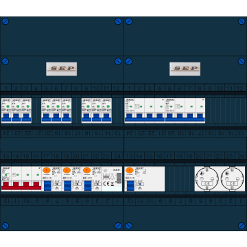 Schotman Elektro B.V. - SEP FS63A, 1xHoofdschakelaar, 3xAardlekschakelaar, 9xInstallatieautomaat, 2xkracht installatieautomaat, 1xBeltrafo, 2xContactdoos, 3 Fase