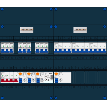 Schotman Elektro B.V. - SEP FS63A, 1xHoofdschakelaar, 3xAardlekschakelaar, 9xInstallatieautomaat, 3xkracht installatieautomaat, 1xBeltrafo, 3 Fase