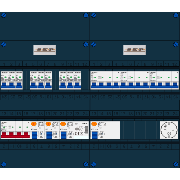 Schotman Elektro B.V. - SEP FS63A, 1xHoofdschakelaar, 3xAardlekschakelaar, 9xInstallatieautomaat, 3xkracht installatieautomaat, 1xBeltrafo, 1xContactdoos, 3 Fase