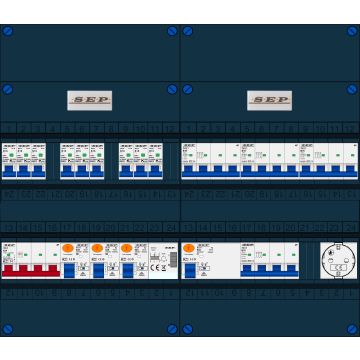 Schotman Elektro B.V. - SEP FS63A, 1xHoofdschakelaar, 3xAardlekschakelaar, 9xInstallatieautomaat, 4xkracht installatieautomaat, 1xBeltrafo, 1xContactdoos, 3 Fase