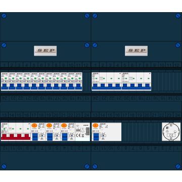 Schotman Elektro B.V. - SEP FS63A, 1xHoofdschakelaar, 3xAardlekschakelaar, 11xInstallatieautomaat, 2xkracht installatieautomaat, 1xBeltrafo, 1xContactdoos, 3 Fase