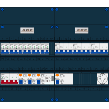 Schotman Elektro B.V. - SEP FS63A, 1xHoofdschakelaar, 3xAardlekschakelaar, 11xInstallatieautomaat, 3xkracht installatieautomaat, 1xBeltrafo, 1xContactdoos, 3 Fase