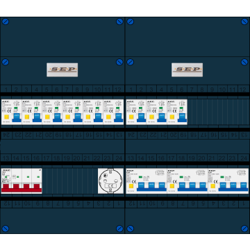 Schotman Elektro B.V. - SEP FS63A, 1xHoofdschakelaar, 9xAardlekautomaat, 3xKracht aardlekautomaat, 1xContactdoos, 3 Fase