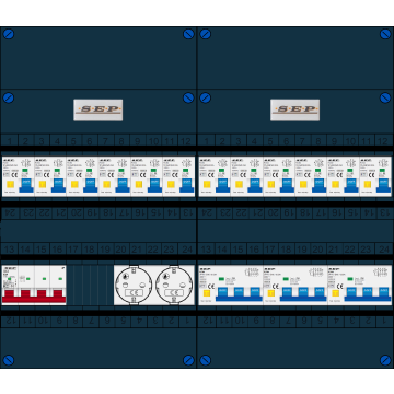 Schotman Elektro B.V. - SEP FS63A, 1xHoofdschakelaar, 12xAardlekautomaat, 3xKracht aardlekautomaat, 2xContactdoos, 3 Fase