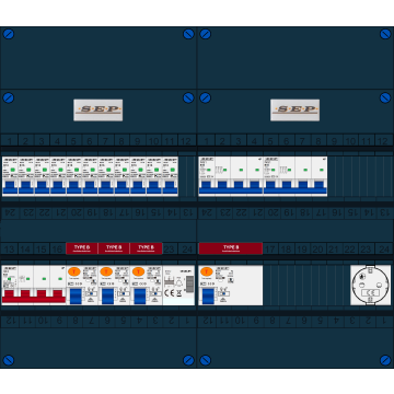 Schotman Elektro B.V. - SEP FS63A, 1xHoofdschakelaar, 4xAardlekschakelaar-Type B, 11xInstallatieautomaat, 2xKrachtgroep, 1xBeltrafo, 1xContactdoos, 3 Fase