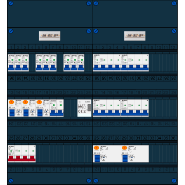 Schotman Elektro B.V. - SEP FS63A, 1xHoofdschakelaar, 5xAardlekschakelaar, 9xInstallatieautomaat, 4xkracht installatieautomaat, 1xFornuisgroep, 1xBeltrafo, 3 Fase