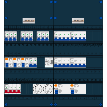 Schotman Elektro B.V. - SEP FS63A, 1xHoofdschakelaar, 5xAardlekschakelaar, 9xInstallatieautomaat, 4xkracht installatieautomaat, 1xFornuisgroep, 1xBeltrafo, 2xContactdoos, 3 Fase