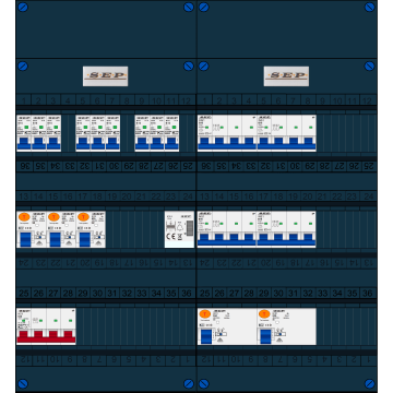 Schotman Elektro B.V. - SEP FS63A, 1xHoofdschakelaar, 5xAardlekschakelaar, 9xInstallatieautomaat, 4xkracht installatieautomaat, 1xBeltrafo, 3 Fase