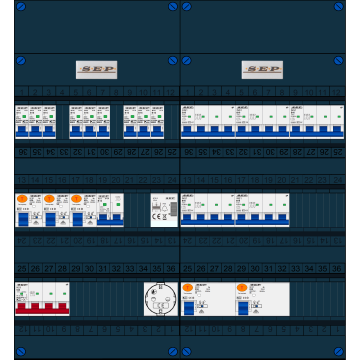Schotman Elektro B.V. - SEP FS63A, 1xHoofdschakelaar, 5xAardlekschakelaar, 9xInstallatieautomaat, 5xkracht installatieautomaat, 1xFornuisgroep, 1xBeltrafo, 1xContactdoos, 3 Fase