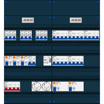 Schotman Elektro B.V. - SEP FS63A, 1xHoofdschakelaar, 5xAardlekschakelaar, 9xInstallatieautomaat, 5xkracht installatieautomaat, 1xFornuisgroep, 1xBeltrafo, 2xContactdoos, 3 Fase