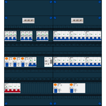 Schotman Elektro B.V. - SEP FS63A, 1xHoofdschakelaar, 5xAardlekschakelaar, 9xInstallatieautomaat, 6xkracht installatieautomaat, 1xFornuisgroep, 1xBeltrafo, 3 Fase
