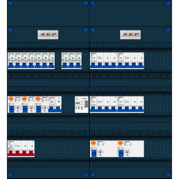 Schotman Elektro B.V. - SEP FS63A, 1xHoofdschakelaar, 5xAardlekschakelaar, 10xInstallatieautomaat, 4xkracht installatieautomaat, 1xFornuisgroep, 1xBeltrafo, 3 Fase