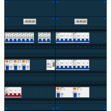 Schotman Elektro B.V. - SEP FS63A, 1xHoofdschakelaar, 5xAardlekschakelaar, 10xInstallatieautomaat, 4xkracht installatieautomaat, 1xBeltrafo, 3 Fase