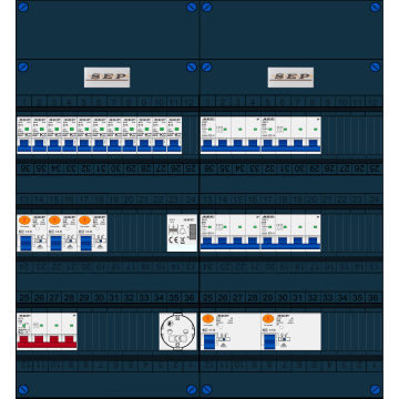 Schotman Elektro B.V. - SEP FS63A, 1xHoofdschakelaar, 5xAardlekschakelaar, 11xInstallatieautomaat, 4xkracht installatieautomaat, 1xBeltrafo, 1xContactdoos, 3 Fase