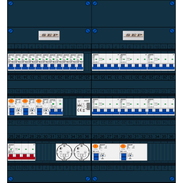 Schotman Elektro B.V. - SEP FS63A, 1xHoofdschakelaar, 5xAardlekschakelaar, 11xInstallatieautomaat, 6xkracht installatieautomaat, 1xFornuisgroep, 1xBeltrafo, 2xContactdoos, 3 Fase