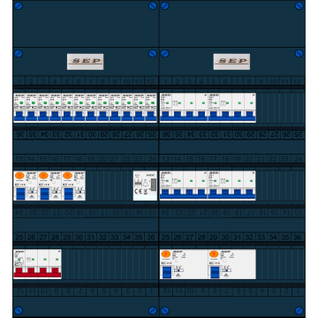Schotman Elektro B.V. - SEP FS63A, 1xHoofdschakelaar, 5xAardlekschakelaar, 12xInstallatieautomaat, 4xkracht installatieautomaat, 1xBeltrafo, 3 Fase