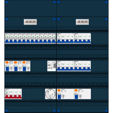 Schotman Elektro B.V. - SEP FS63A, 1xHoofdschakelaar, 5xAardlekschakelaar, 12xInstallatieautomaat, 4xkracht installatieautomaat, 1xBeltrafo, 1xContactdoos, 3 Fase
